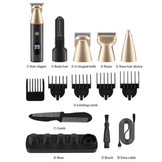 5 In 1 Haircut Digital Display Water Washing Shaver Nose Hair Electric Push Shear Set(Silver) by buy2fix
