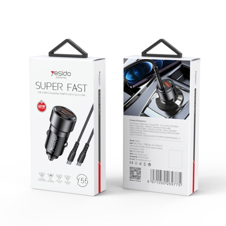 Yesido Y55 With Double Type-C/USB-C Port Line Car Charger QC3.0+PD30W Type-C/USB-C+USB Dual Port Quick Charge(Black) by Yesido
