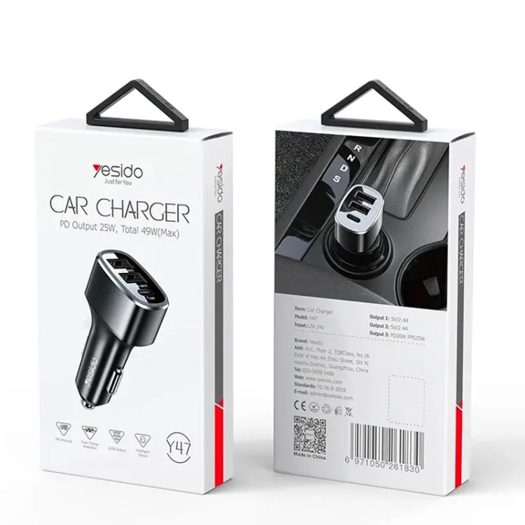 Yesido Y47 49W Double USB+Type-C/USB-C Port Car Fast Charger(Black) by Yesido