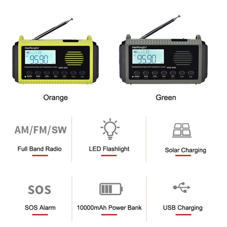 HanRongda HRD-905 Solar Charging LED Lighting Generation Disaster Prevention Emergency Full Band Radio(Army Green) by HanRongda