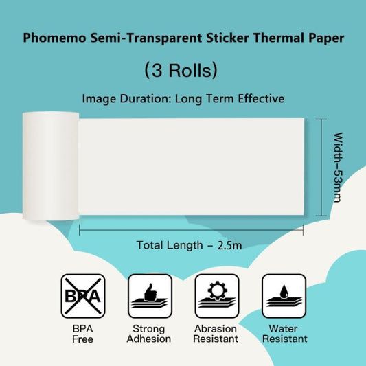 Phomemo 3rolls /Pack 50mm Translucent Bottom Black Words Self-Adhesive Printer Sensitive Label Printing Paper For M02 / M02S / M02Pro / M03 by Phomemo
