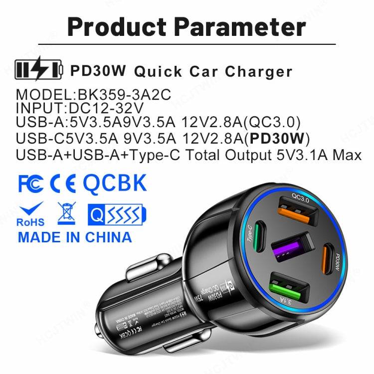 3USB+2PD 75W Dual Line Car Mobile Phone Fast Charging Charger(Black) - Car Charger by buy2fix | Online Shopping UK | buy2fix
