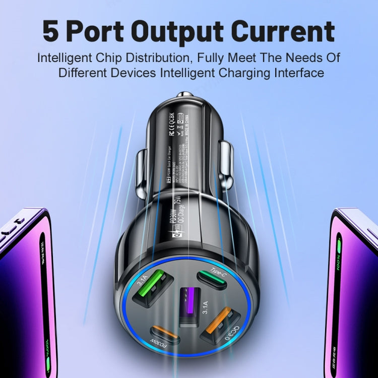 3USB+2PD 75W Dual Line Car Mobile Phone Fast Charging Charger(Black) - Car Charger by buy2fix | Online Shopping UK | buy2fix