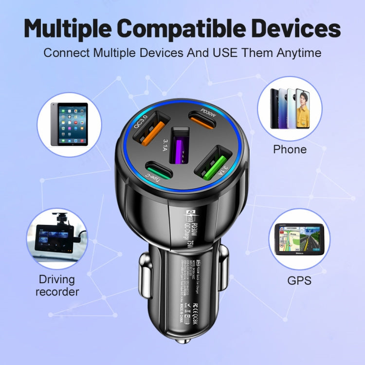 3USB+2PD 75W Dual Line Car Mobile Phone Fast Charging Charger(Black) - Car Charger by buy2fix | Online Shopping UK | buy2fix
