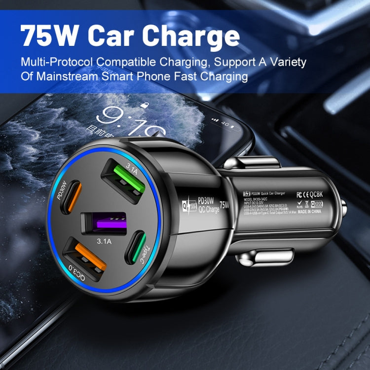 3USB+2PD 75W Dual Line Car Mobile Phone Fast Charging Charger(Black) - Car Charger by buy2fix | Online Shopping UK | buy2fix