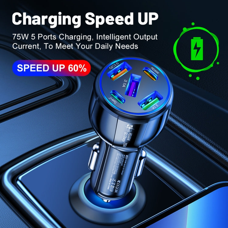 3USB+2PD 75W Dual Line Car Mobile Phone Fast Charging Charger(Black) - Car Charger by buy2fix | Online Shopping UK | buy2fix