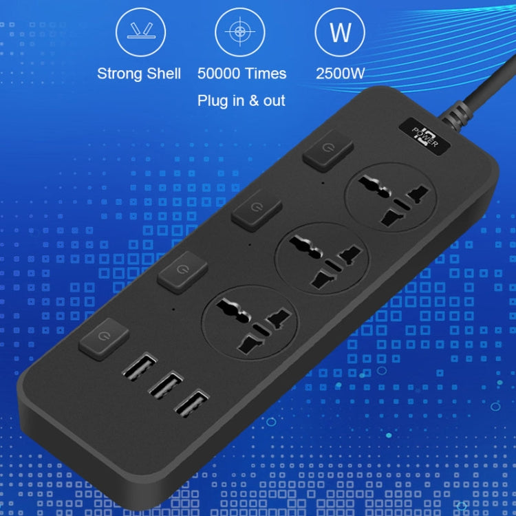 T14 2m 2500W 3 Plugs + 3-USB Ports Multifunctional Socket With Switch, Specification: EU Plug (Black) - Extension Socket by buy2fix | Online Shopping UK | buy2fix