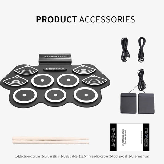 W562 Thickened 7 Drum Set Silicone Hand Rolled Drums Jazz Drums Percussion Instruments Electronic Drums by buy2fix