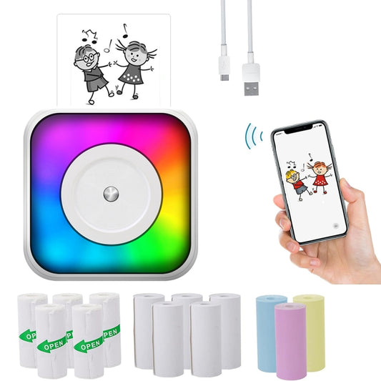RGB Light Portable Mini Bluetooth Printer Inkless Document Label Printer with 5 Paper+5 Stickers+3 Color Paper by buy2fix