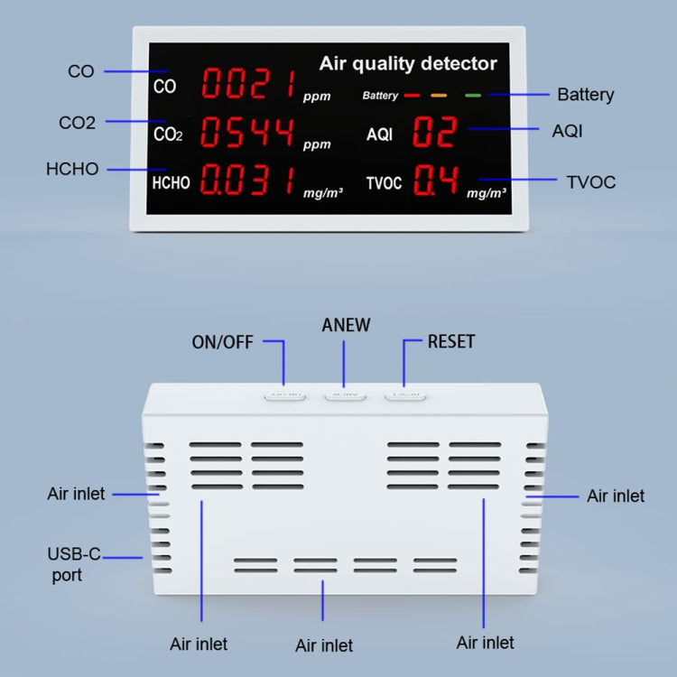 5-in-1 Indoor Home Portable Air Monitor TVOC Formaldehyde Detector(W17A Light Gray) - Air & Water Quality Tester by buy2fix | Online Shopping UK | buy2fix