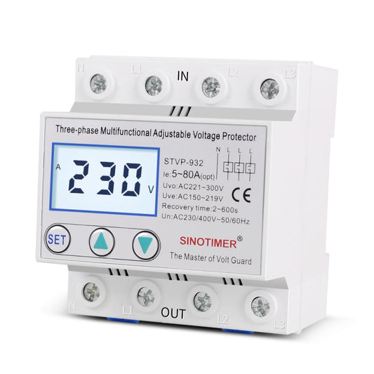 SINOTIMER STVP-932 63A 3-phase 380V LCD Self-resetting Adjustable Surge Voltage Protector by SINOTIMER