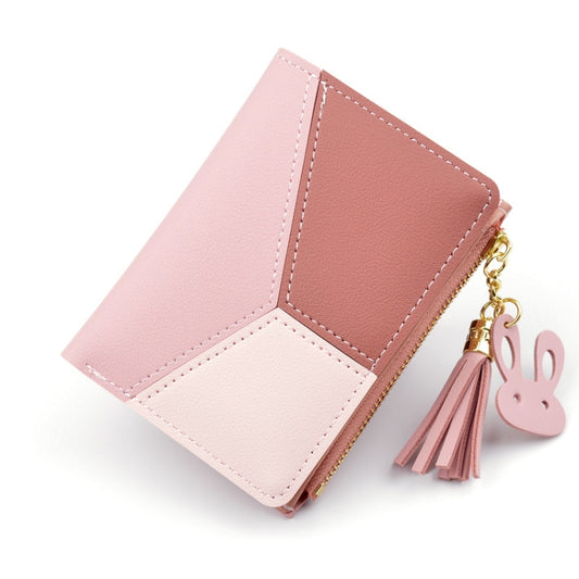 Short Leather Women Zipper Purse Panelled Wallets Trendy Coin Purse(Pink) by buy2fix