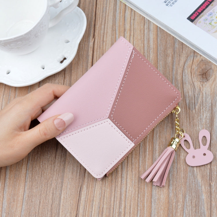 Short Leather Women Zipper Purse Panelled Wallets Trendy Coin Purse(Pink) - Wallets by buy2fix | Online Shopping UK | buy2fix