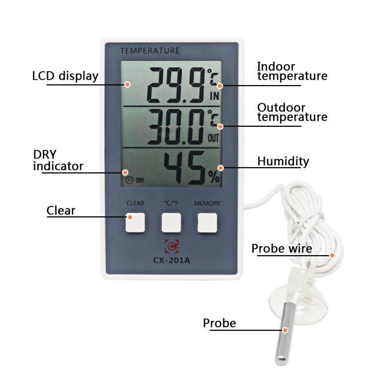 CX-201A LCD Digital Weather Station Thermometer Hygrometer Indoor Outdoor Temperature Humidity Meter with Temperature Sensor - Indoor Thermometer by buy2fix | Online Shopping UK | buy2fix