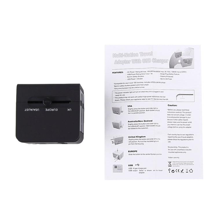 5V 2.1A Dual USB Power Socket Charger Adapter, UK / EU / US / AU Plug(Black) - Plug Adaptor by buy2fix | Online Shopping UK | buy2fix