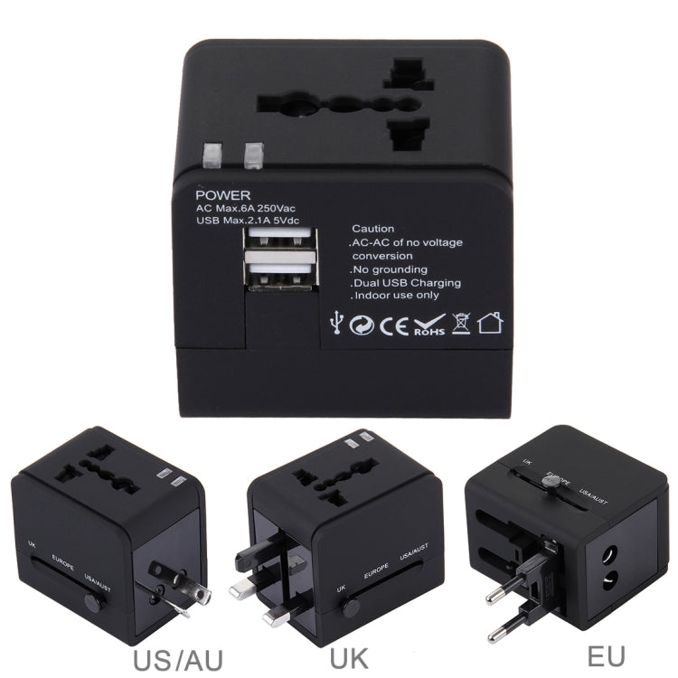 5V 2.1A Dual USB Power Socket Charger Adapter, UK / EU / US / AU Plug(Black) - Plug Adaptor by buy2fix | Online Shopping UK | buy2fix