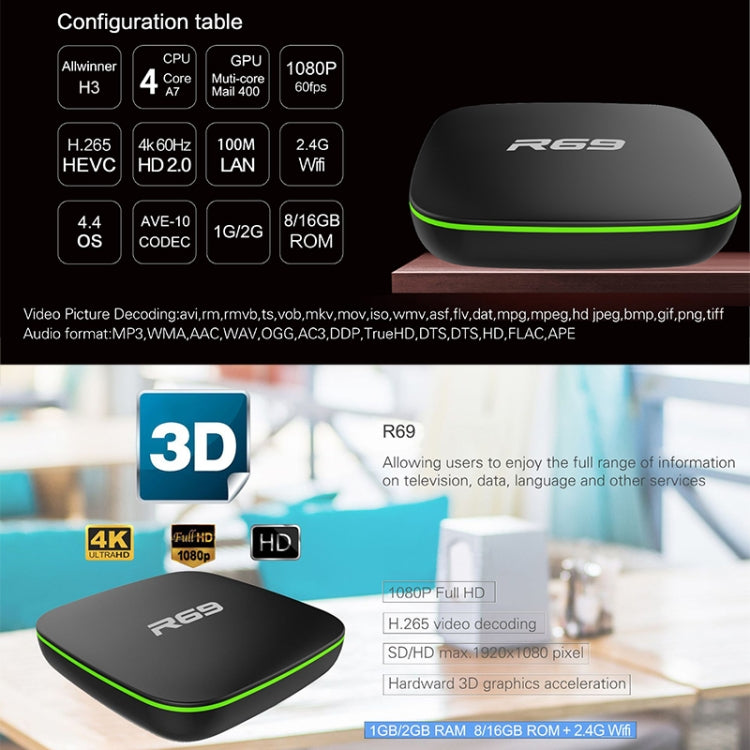 R69 1080P HD Smart TV BOX Android 4.4 Media Player with Remote Control, Quad Core Allwinner H3, RAM: 1GB, ROM: 8GB, 2.4G WiFi, LAN, EU Plug - Allwinner H3 by buy2fix | Online Shopping UK | buy2fix