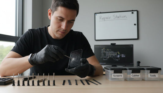 Technician replaces phone screen in repair workspace