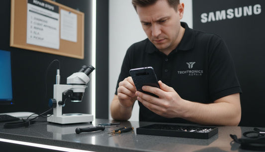 Technician inspecting water-damaged Samsung phone