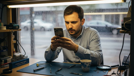 Technician inspecting iPhone with cracked back