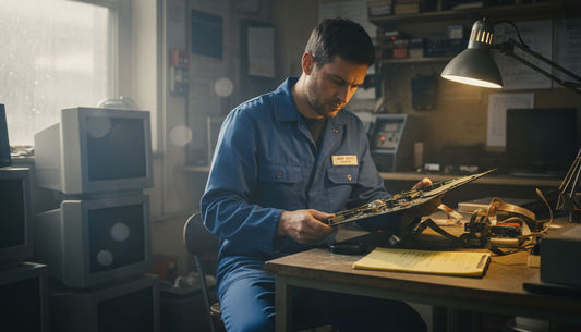 Technician examines large LCD panel at workbench