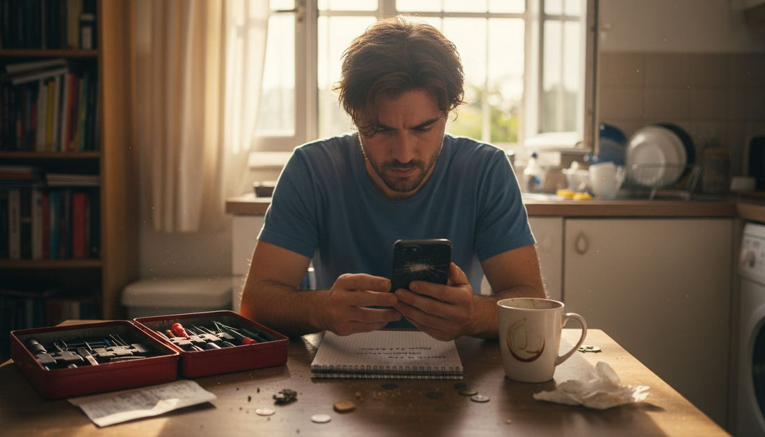 Person inspecting damaged phone screen