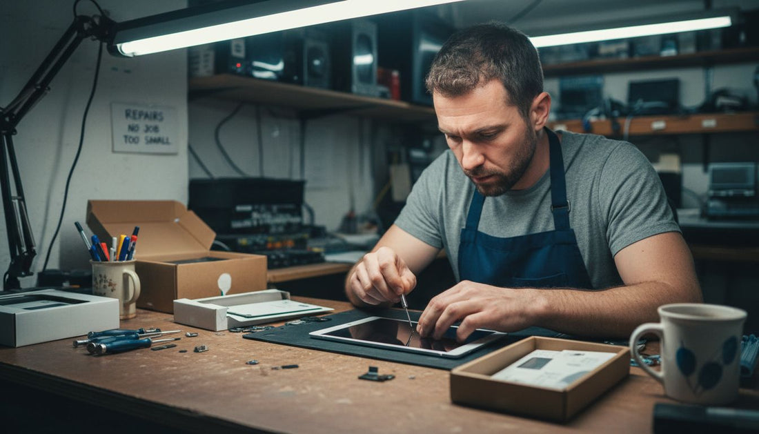 Technician fixing tablet at cluttered workbench