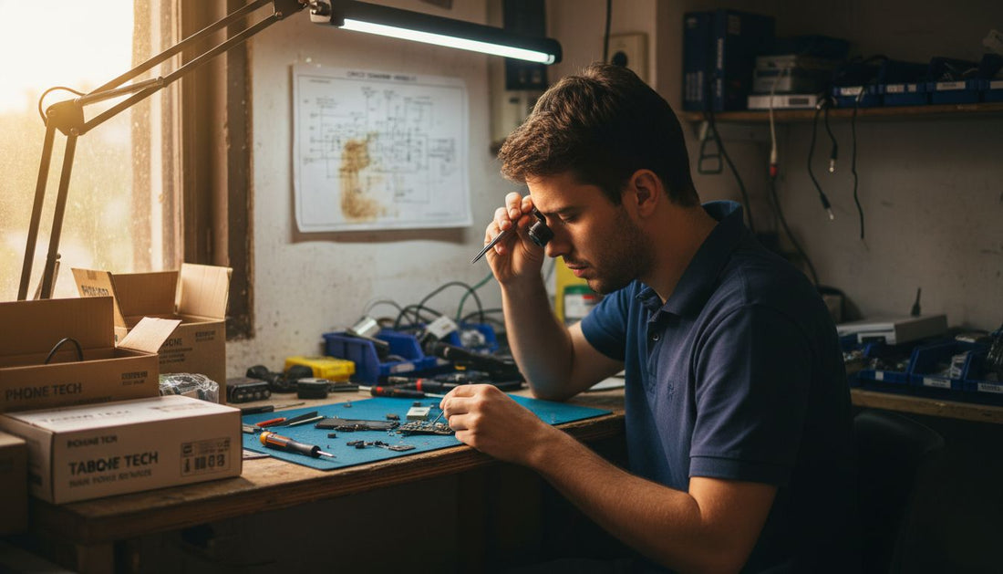 Technician inspecting phone part authenticity