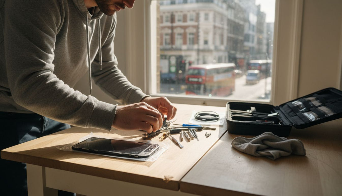 DIY iPhone repair workspace with tools