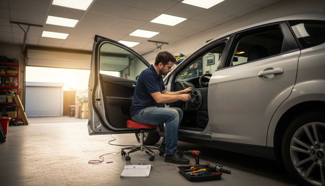 Technician installing car audio in suburban garage