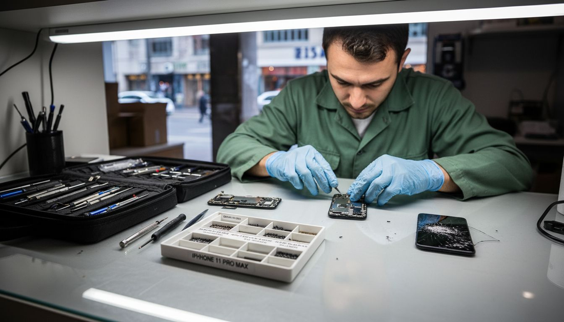 Technician repairing phone screen in workshop