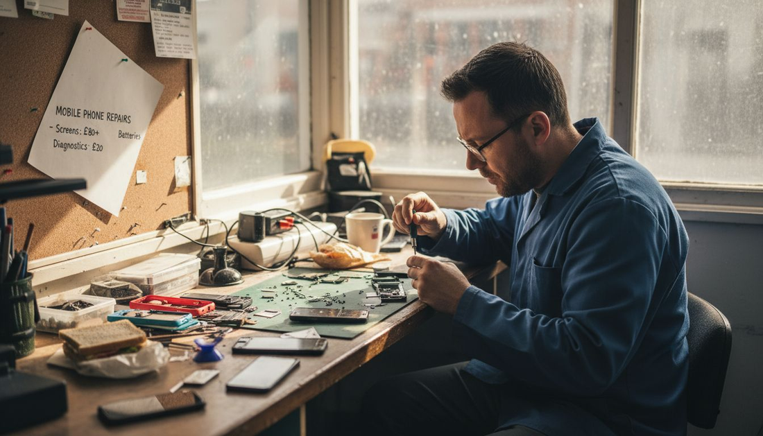 Technician repairing phone with mobile accessories