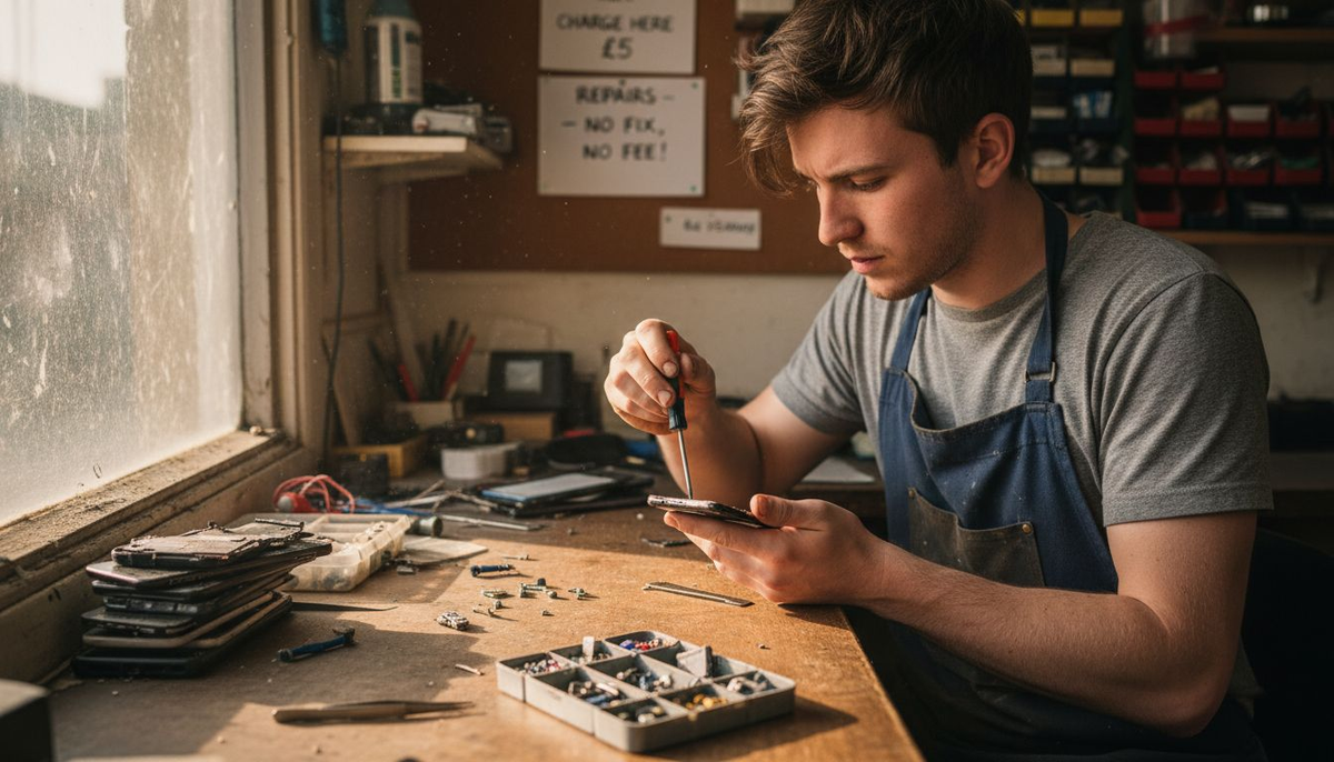 Technician removing cracked phone screen assembly