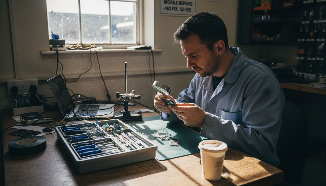 Technician inspecting phone part at repair bench