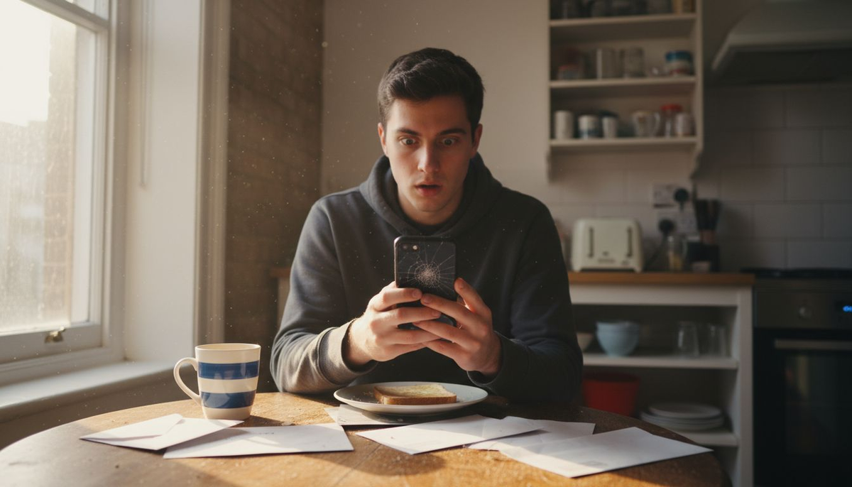 College student viewing cracked smartphone screen