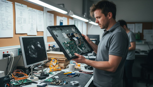 Engineer examining disassembled LCD monitor in lab