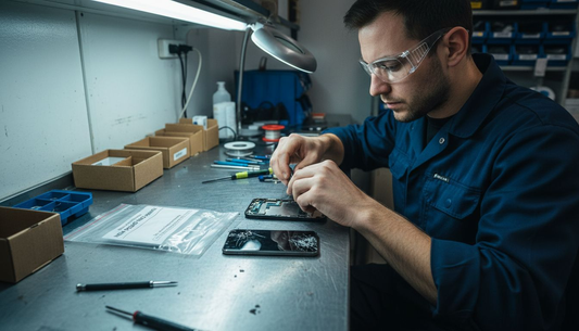 Technician replacing phone screen in workshop