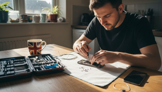 Man repairing iPhone XR screen at table