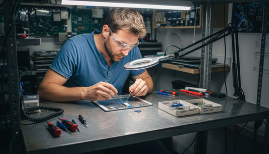 Technician inspecting tablet display assembly at workbench