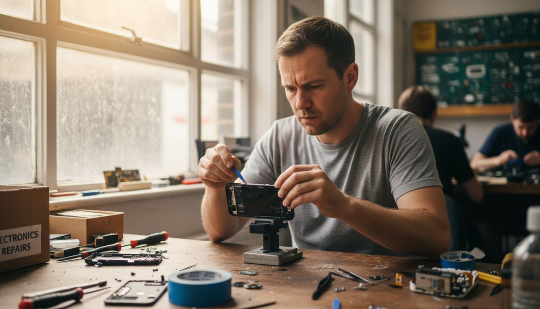 Technician repairing phone screen in workshop