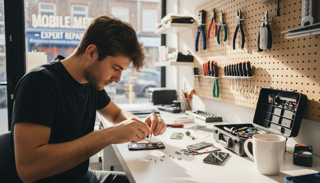 Technician repairing smartphone at cluttered desk