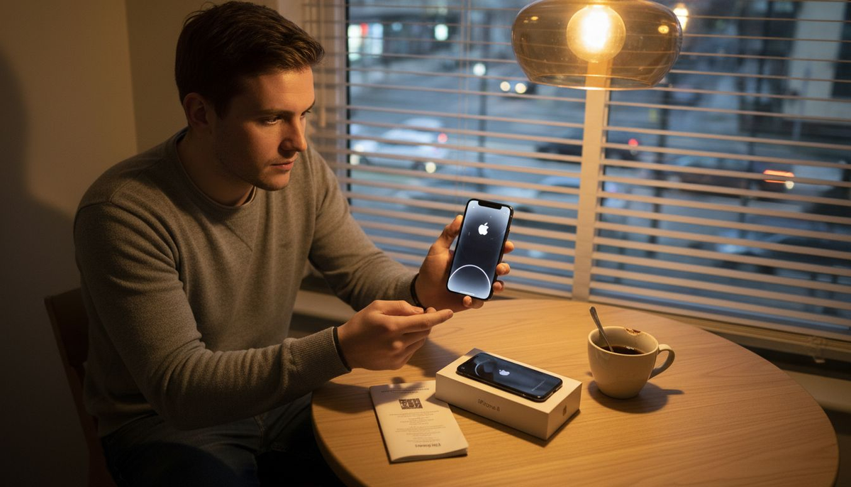 Man checking used iPhones at small apartment table