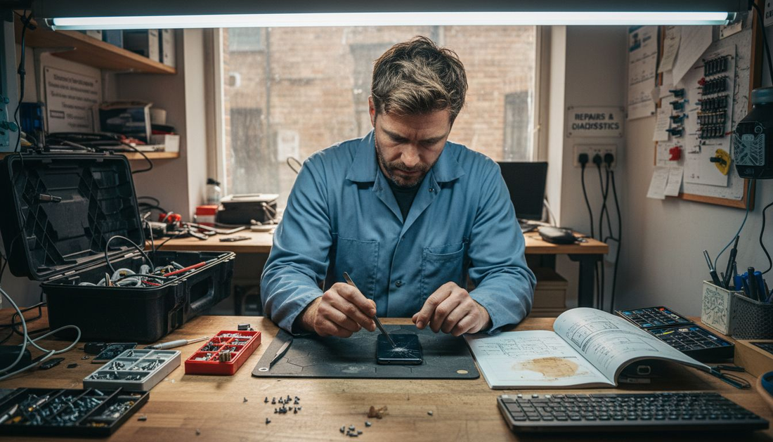 Technician repairing iPhone 11 screen in workshop