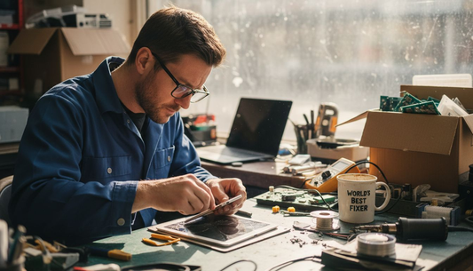 Technician repairing tablet at messy workbench