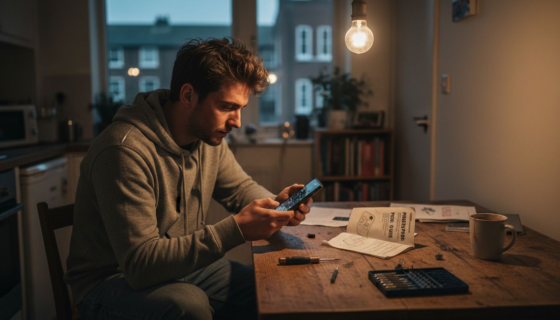 Man troubleshooting phone on cluttered kitchen table