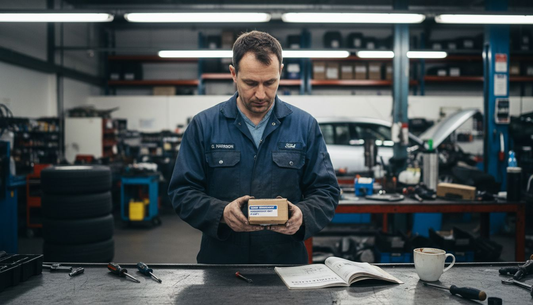 Mechanic closely examining replacement part box