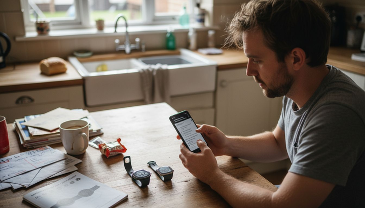 Man comparing android smartwatches at kitchen table
