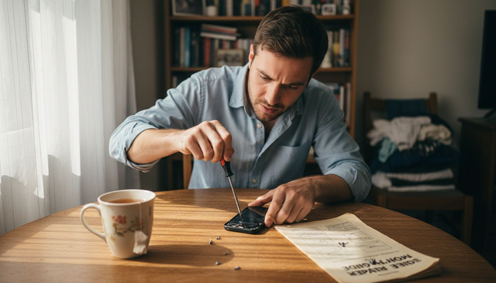 Person making a phone repair mistake at home