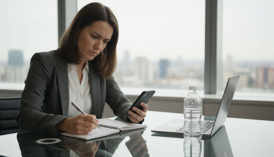 Woman checking smartphone battery in city office