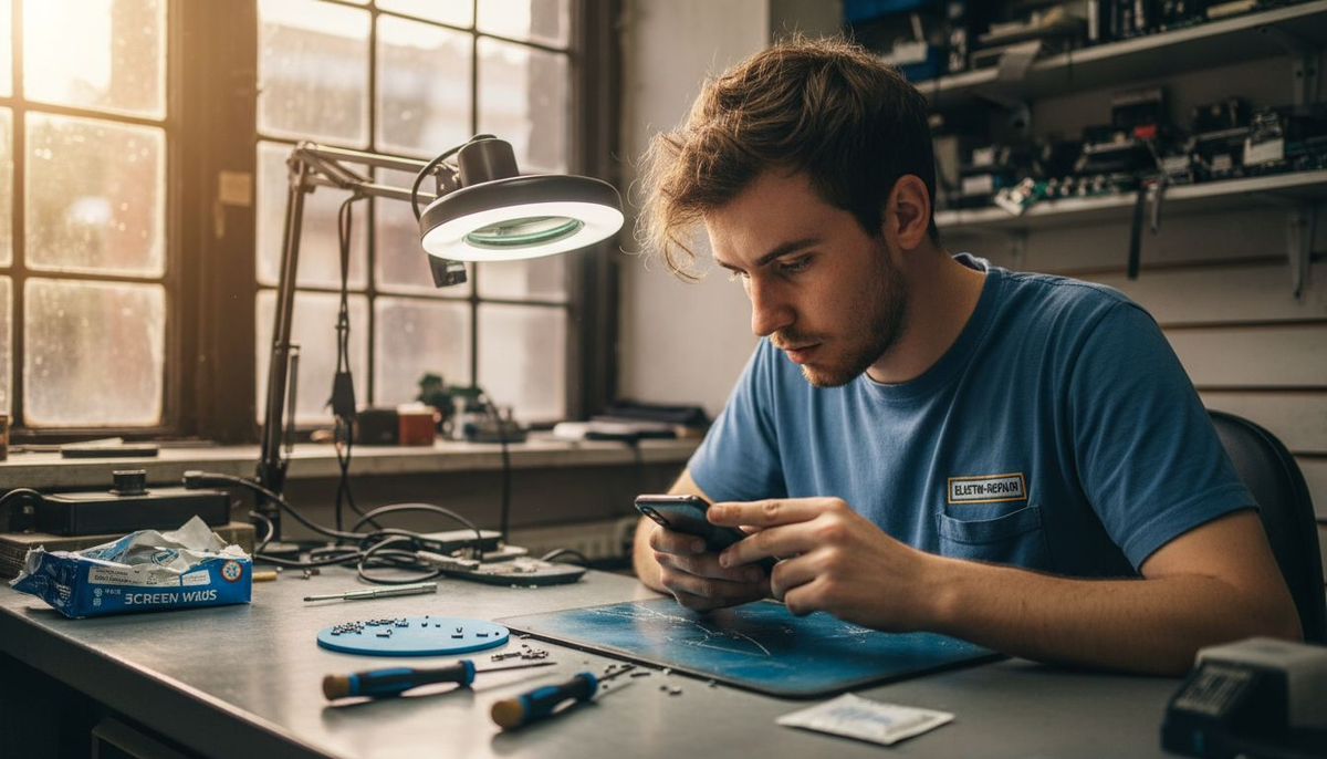 Technician inspecting cracked iPhone screen